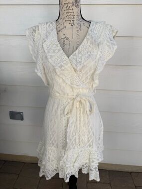 Aqua Ivory Lace Ruffle Wrap Mini Dress